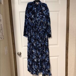 Woman Within Navy Floral Long Sleeve Maxi Dress with Light Blue Blooms